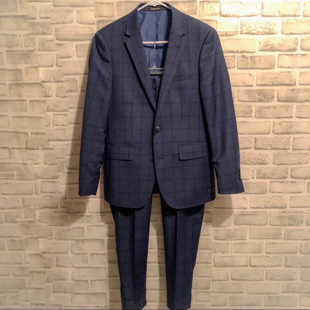 London Fog 100% Wool Blue Windowpane Slim Suit